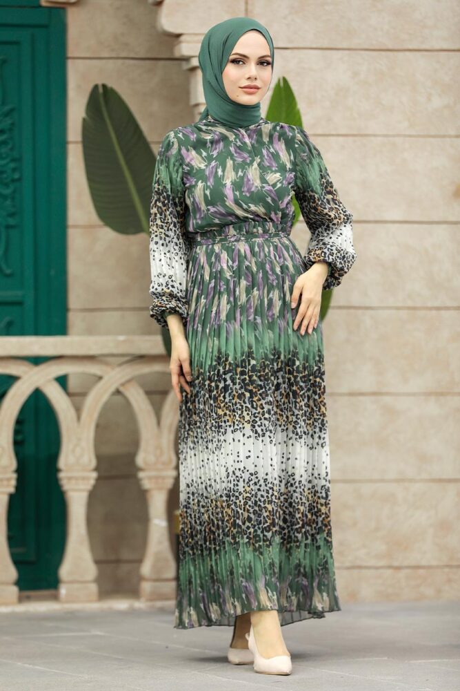Neva Style - Leopar Desenli Haki Tesettür Elbise 3889HK - 1