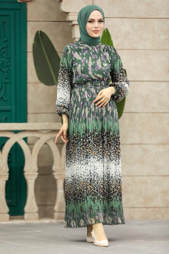 Neva Style - Leopar Desenli Haki Tesettür Elbise 3889HK - 3