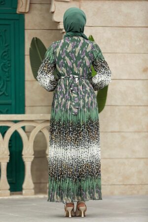 Neva Style - Leopar Desenli Haki Tesettür Elbise 3889HK - 4