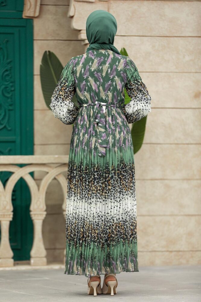 Neva Style - Leopar Desenli Haki Tesettür Elbise 3889HK - 4