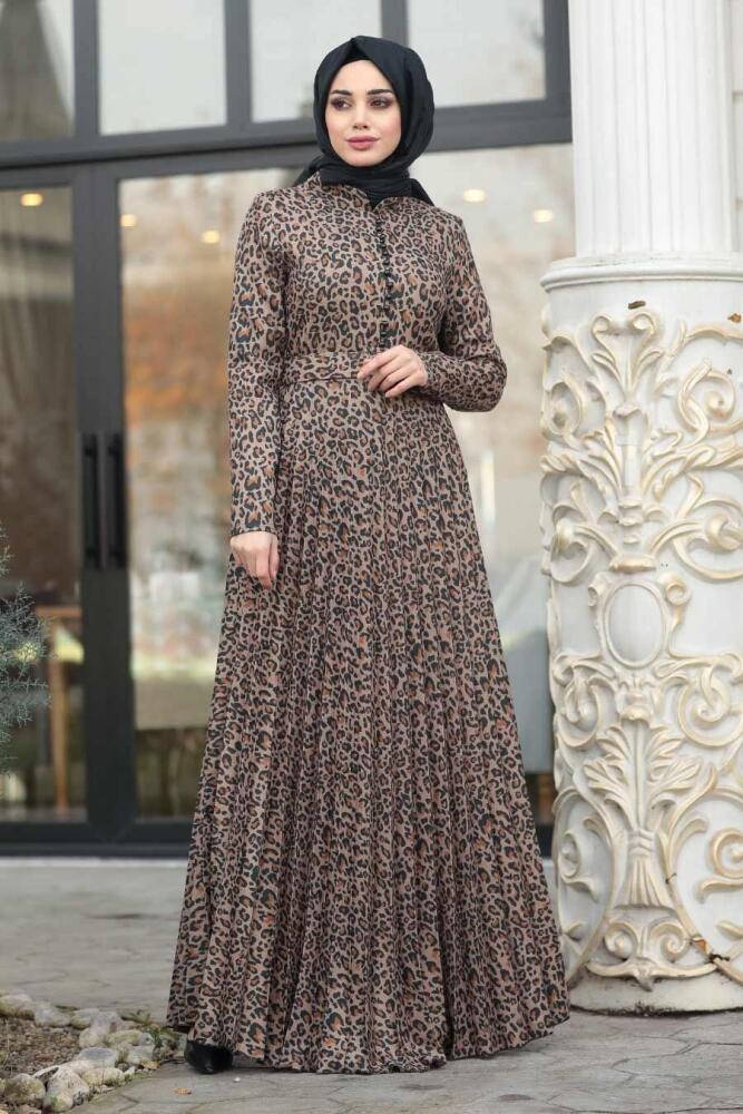 Neva Style - Leopar Desenli Hardal Tesettür Elbise 15440HR - 1