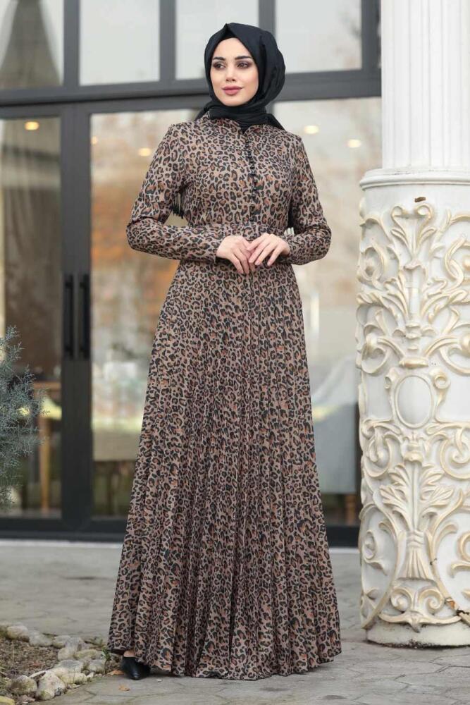 Neva Style - Leopar Desenli Hardal Tesettür Elbise 15440HR - 2