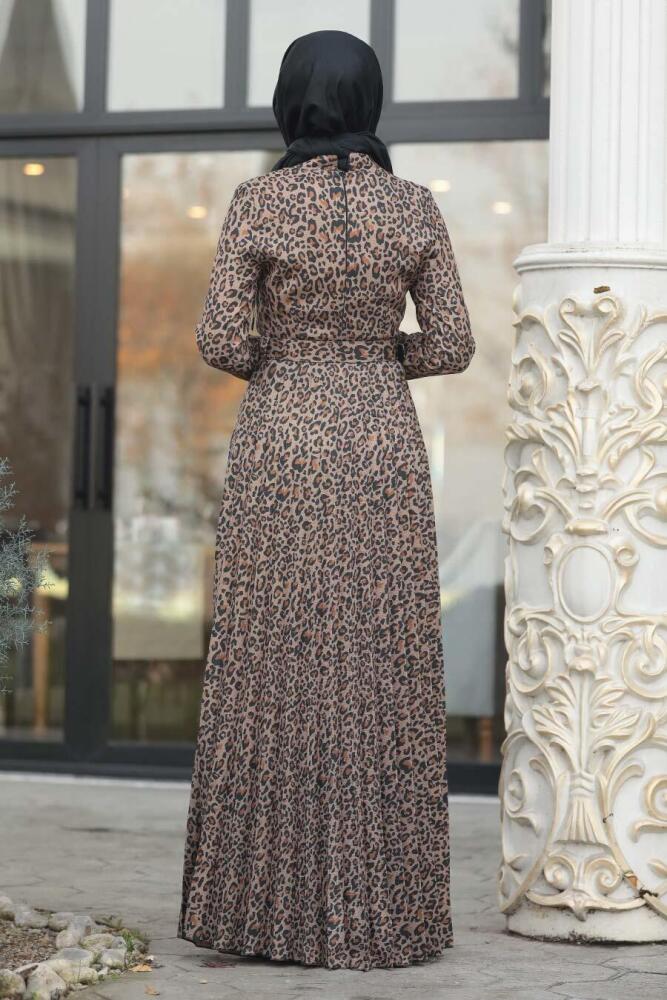 Neva Style - Leopar Desenli Hardal Tesettür Elbise 15440HR - 3