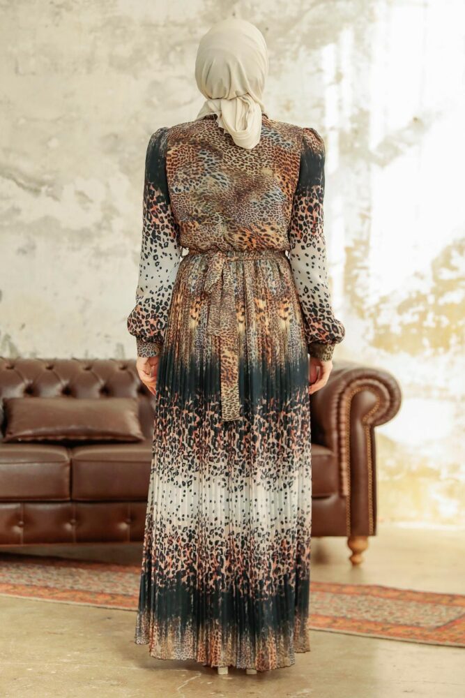 Neva Style - Leopar Desenli Hardal Tesettür Elbise 3878HR - 3