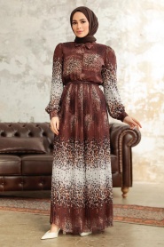 Neva Style - Leopar Desenli Kahverengi Tesettür Elbise 3878KH - Thumbnail