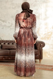Neva Style - Leopar Desenli Kahverengi Tesettür Elbise 3878KH - Thumbnail