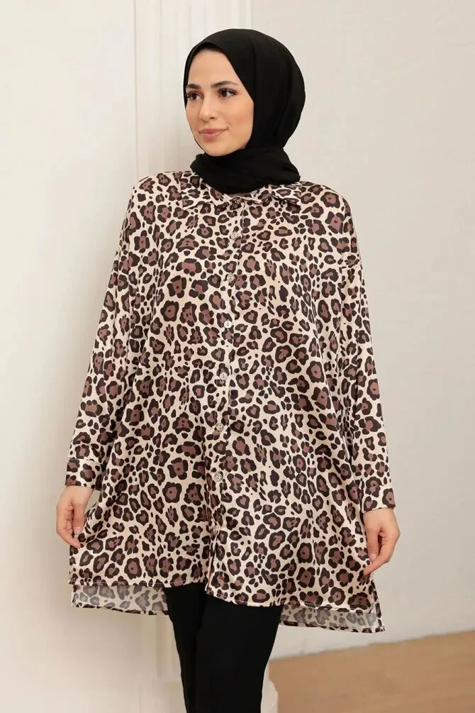  Leopar Desenli Kahverengi Tesettür Saten Tunik 10461KH - 1
