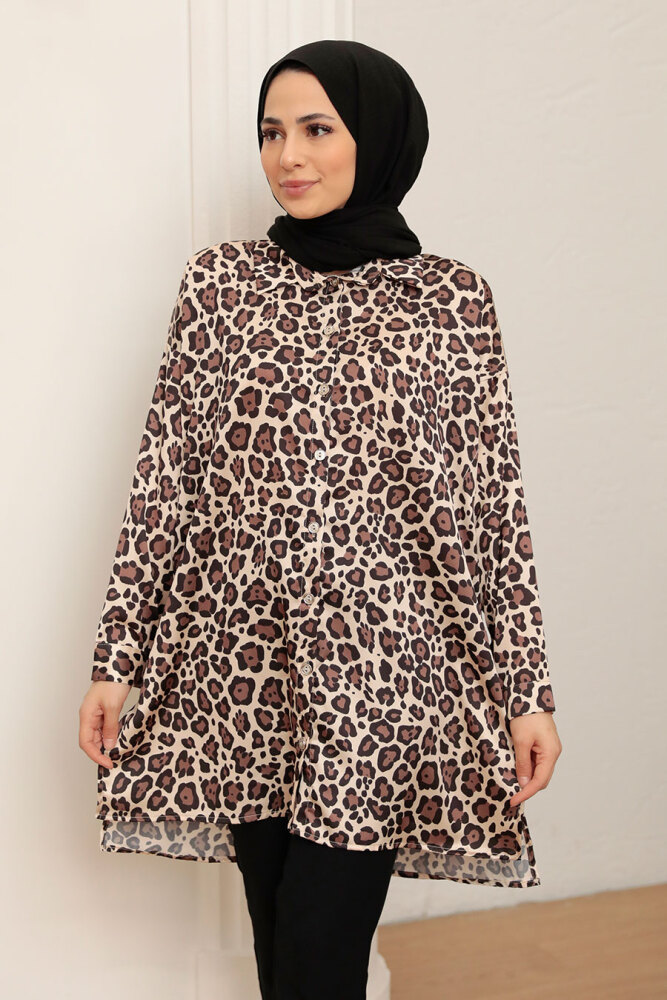 Neva Style - Leopar Desenli Kahverengi Tesettür Saten Tunik 10461KH - 1