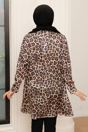 Neva Style - Leopar Desenli Kahverengi Tesettür Saten Tunik 10461KH - 2
