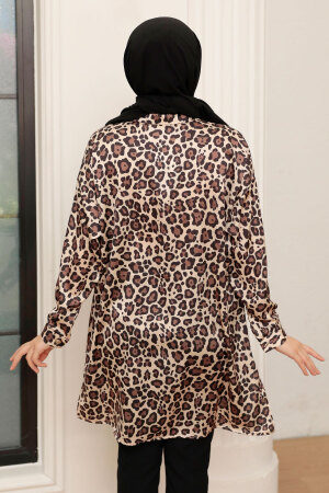 Neva Style - Leopar Desenli Kahverengi Tesettür Saten Tunik 10461KH - Thumbnail