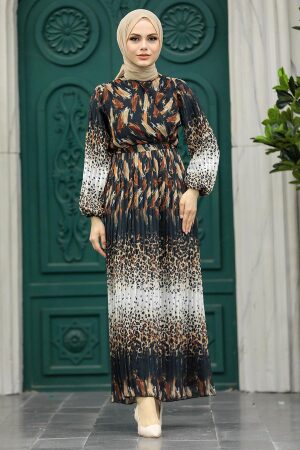 Neva Style - Leopar Desenli Kiremit Tesettür Elbise 3889KRMT - 1