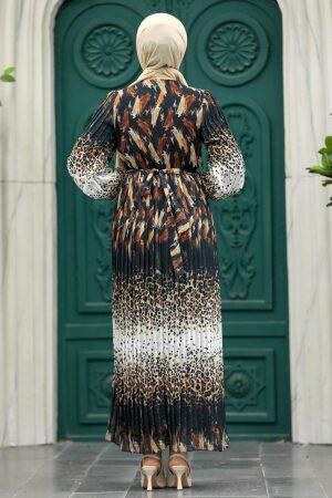 Neva Style - Leopar Desenli Kiremit Tesettür Elbise 3889KRMT - 3