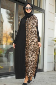 Neva Style - Leopar Desenli Siyah Tesettür Elbise 5453S - Thumbnail