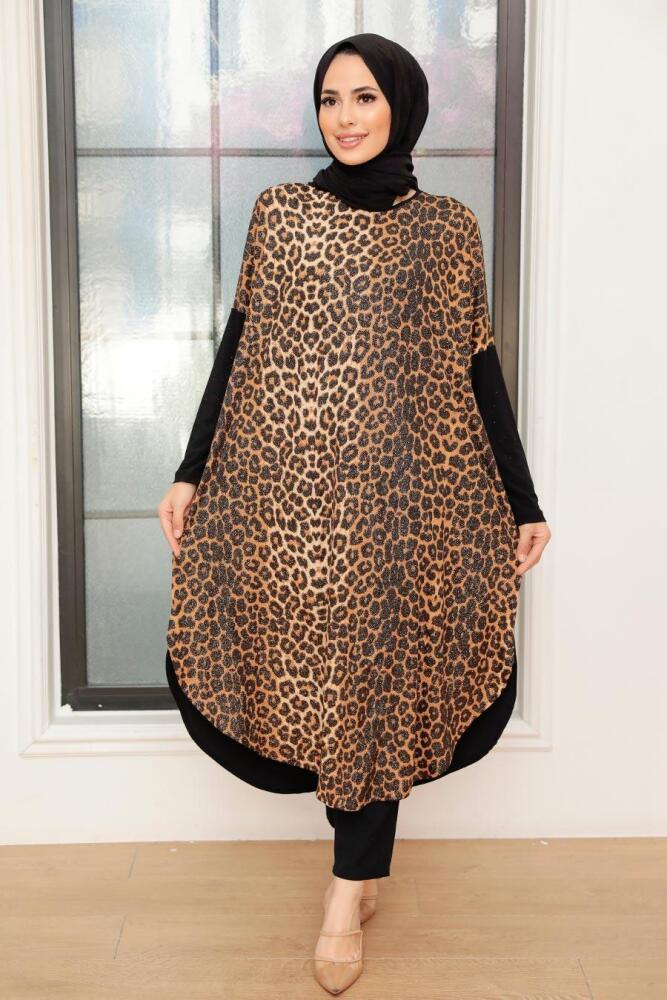  Leopar Desenli Siyah Tesettür Tunik 40114S - 1