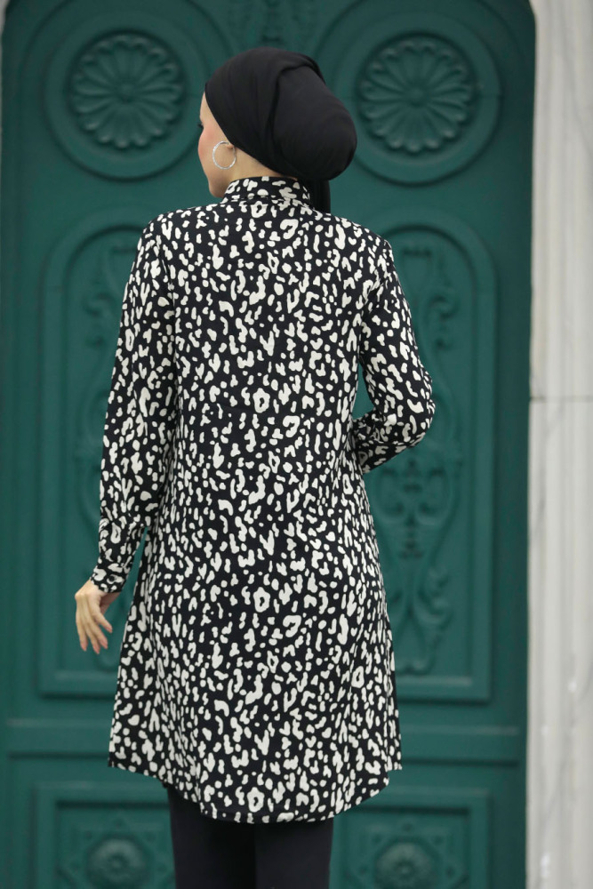  Leopar Desenli Siyah Tesettür Viskon Tunik 11665S - 4