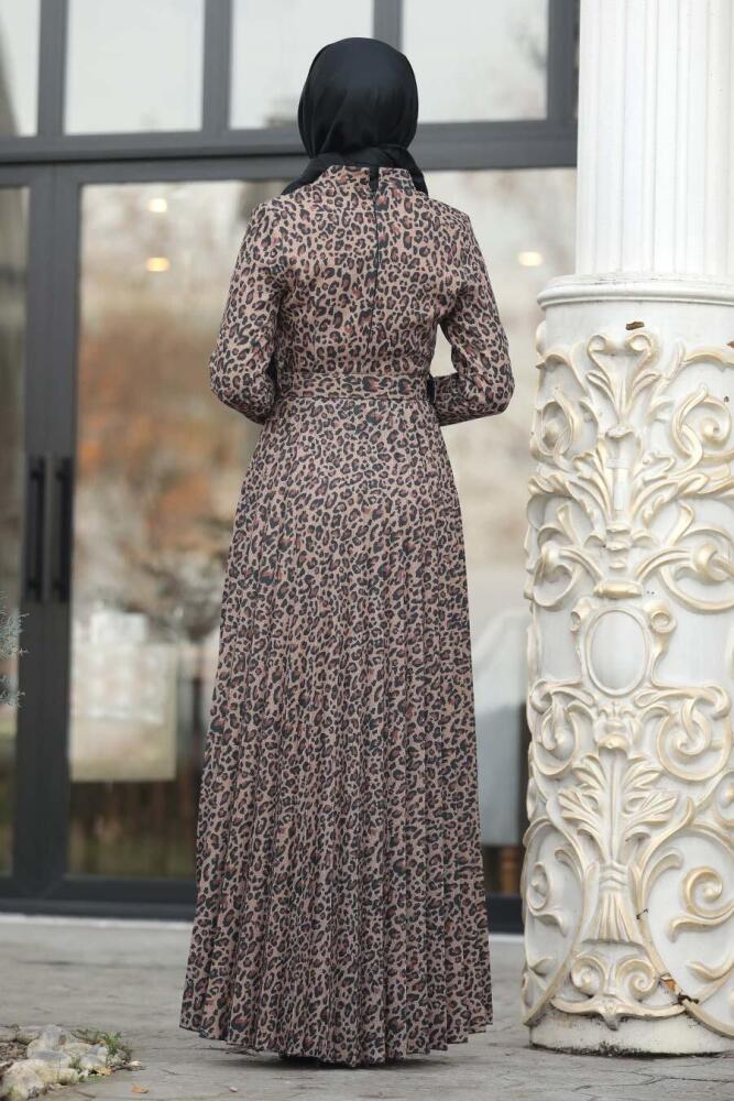 Neva Style - Leopar Desenli Taba Tesettür Elbise 15440TB - 4