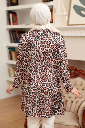 Neva Style - Leopar Desenli Taba Tesettür Saten Tunik 10461TB - Thumbnail