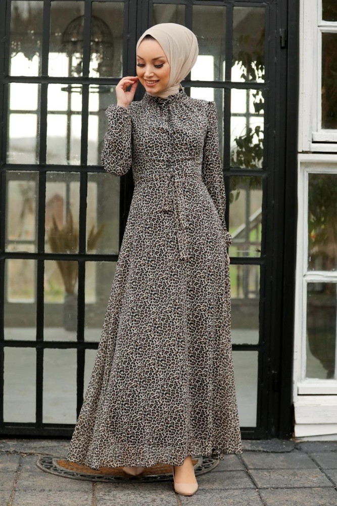 Neva Style - Leopar Desenli Tesettür Elbise 27904LP - 1