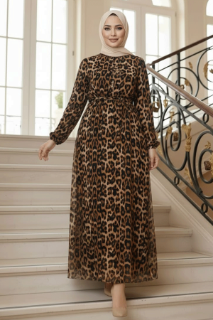 Leopar Desenli Tesettür Elbise 30502LP - 1