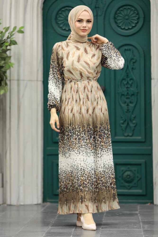 Neva Style - Leopar Desenli Vizon Tesettür Elbise 3889V - NEVA STYLE