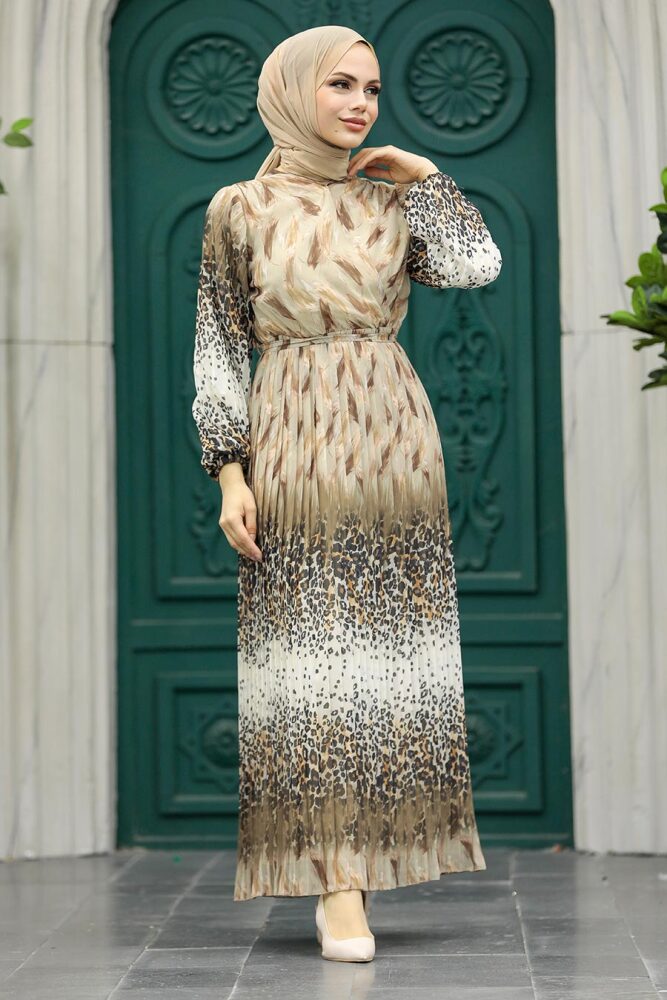  Leopar Desenli Vizon Tesettür Elbise 3889V - 2