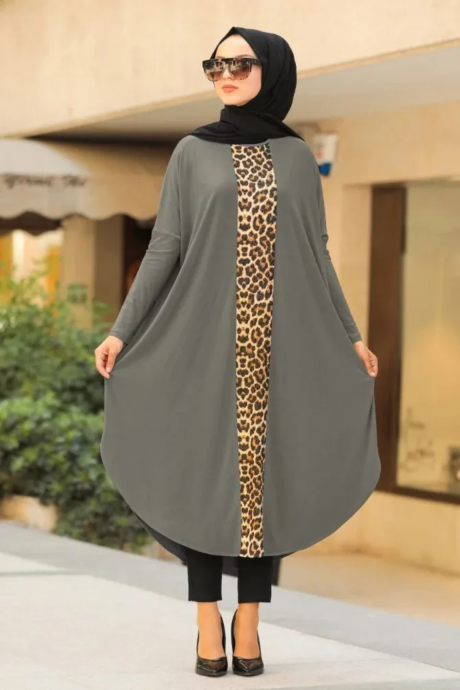  Leopar Desenli Vizon Tesettür Tunik 4846V - 1