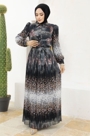Neva Style - Leopar Desenli Siyah Tesettür Elbise 3878S - Thumbnail