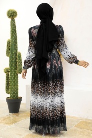 Neva Style - Leopar Desenli Siyah Tesettür Elbise 3878S - Thumbnail