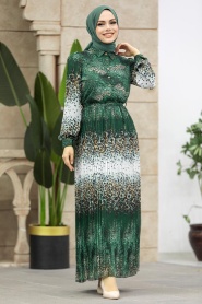 Neva Style - Leopar Desenli Yeşil Tesettür Elbise 3878Y - Thumbnail