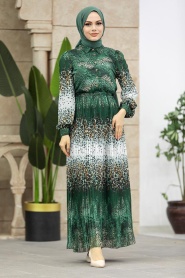 Neva Style - Leopar Desenli Yeşil Tesettür Elbise 3878Y - Thumbnail