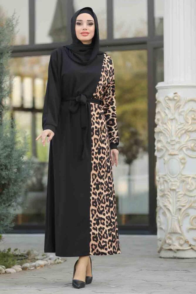 Neva Style - Leopar Detaylı Siyah Tesettür Elbise 11043S - 1