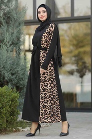 Neva Style - Leopar Detaylı Siyah Tesettür Elbise 11043S - Thumbnail