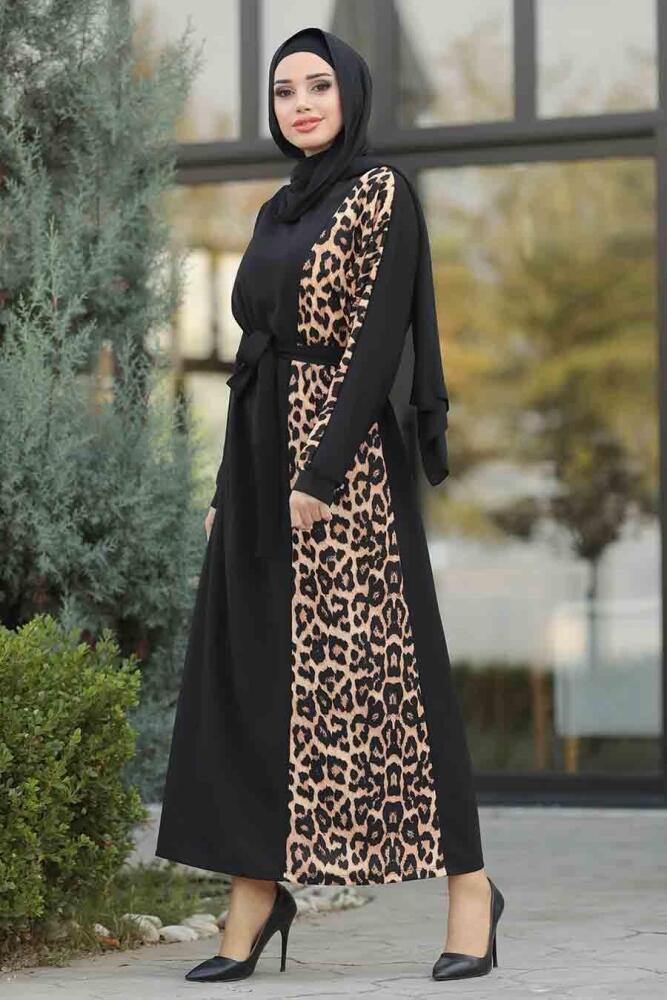Neva Style - Leopar Detaylı Siyah Tesettür Elbise 11043S - 2