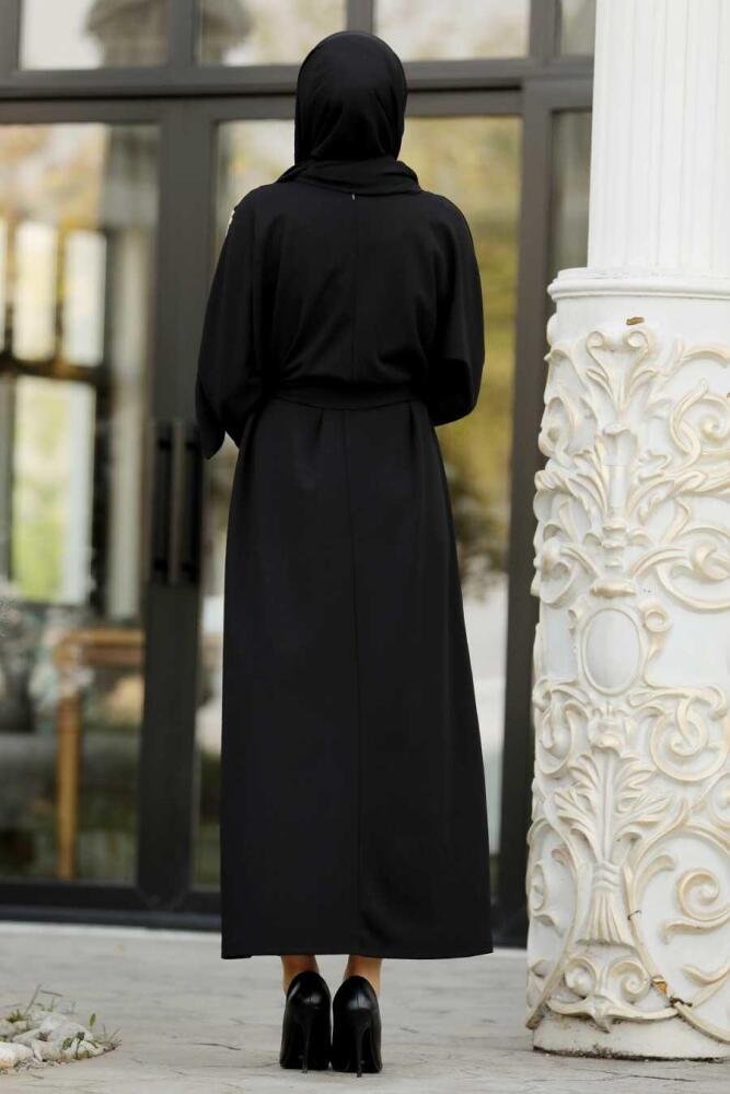 Neva Style - Leopar Detaylı Siyah Tesettür Elbise 11043S - 3