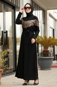 Neva Style - Leopar Detaylı Siyah Tesettür Elbise 12053S - Thumbnail