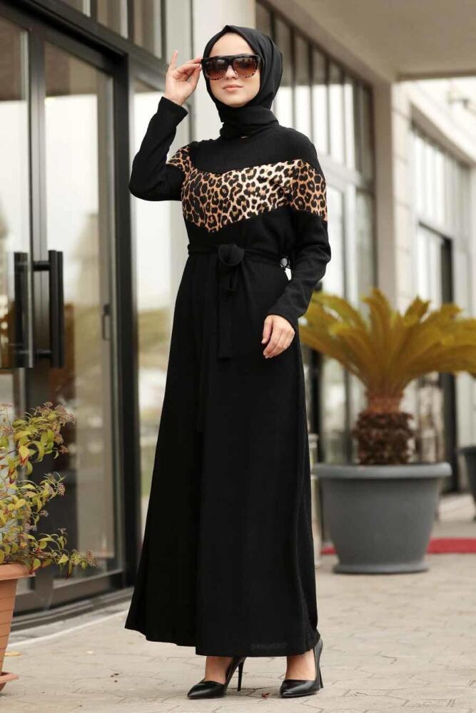 Neva Style - Leopar Detaylı Siyah Tesettür Elbise 12053S - 1