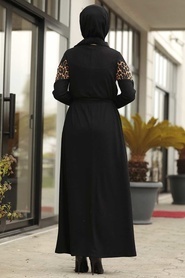 Neva Style - Leopar Detaylı Siyah Tesettür Elbise 12053S - Thumbnail