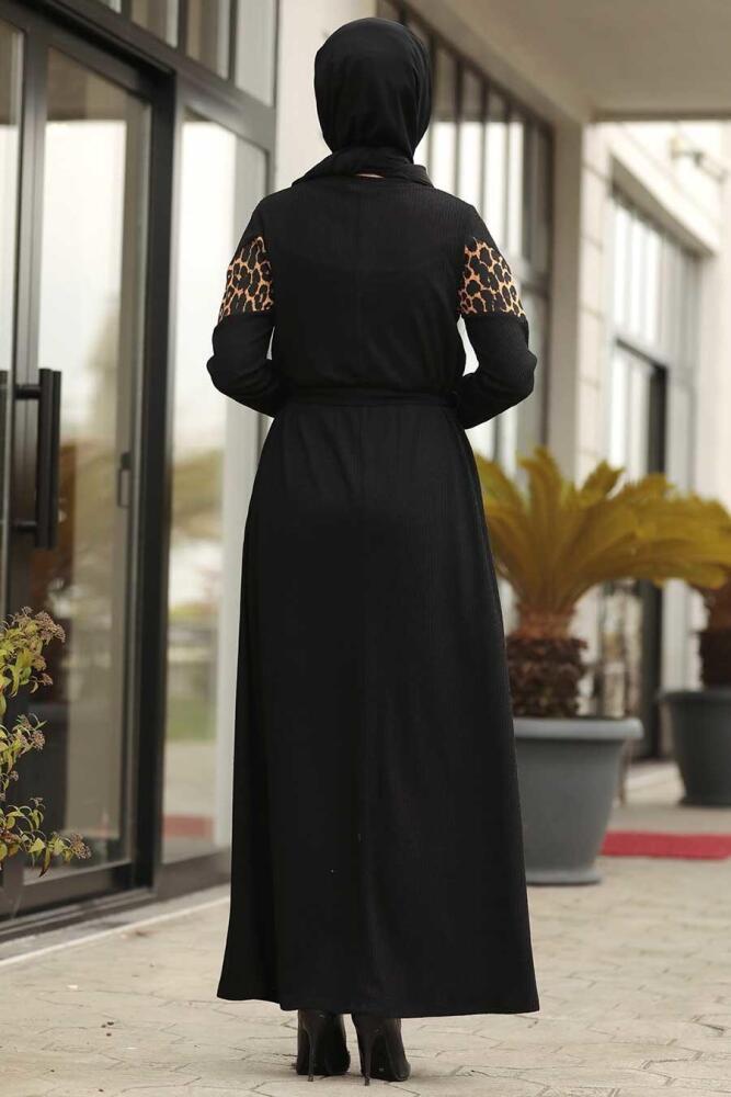 Neva Style - Leopar Detaylı Siyah Tesettür Elbise 12053S - 2
