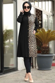 Neva Style - Leopar Detaylı Siyah Tesettür Tunik 4989S - Thumbnail