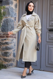 Neva Style - Light Khaki Hijab Trench Coat 639AHK - Thumbnail