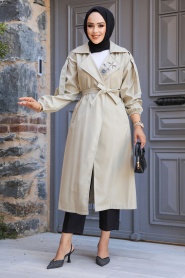 Neva Style - Light Khaki Hijab Trench Coat 639AHK - Thumbnail