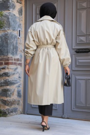 Neva Style - Light Khaki Hijab Trench Coat 639AHK - Thumbnail