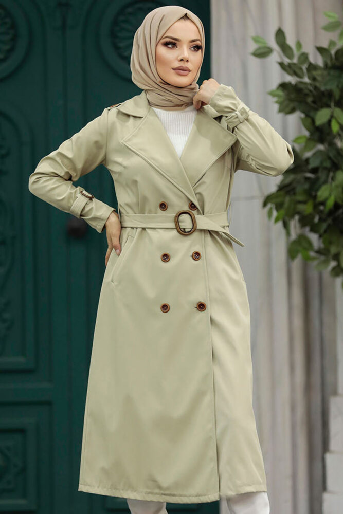 Neva Style - Light Khaki Hijab Turkish Trench Coat 5942AHK - 2