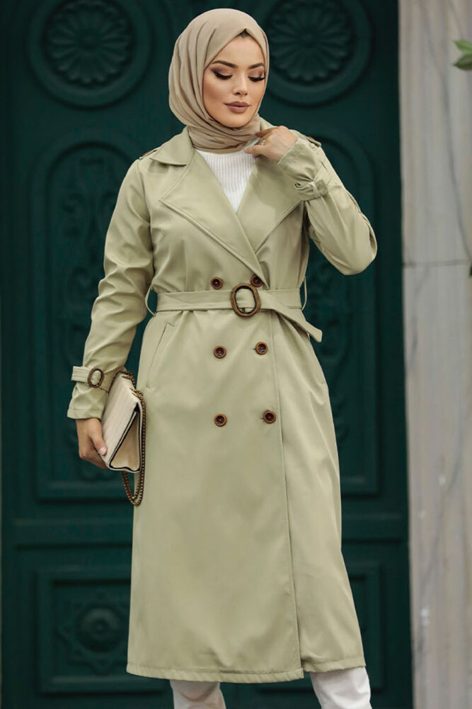 Neva Style - Light Khaki Hijab Turkish Trench Coat 5942AHK - 3