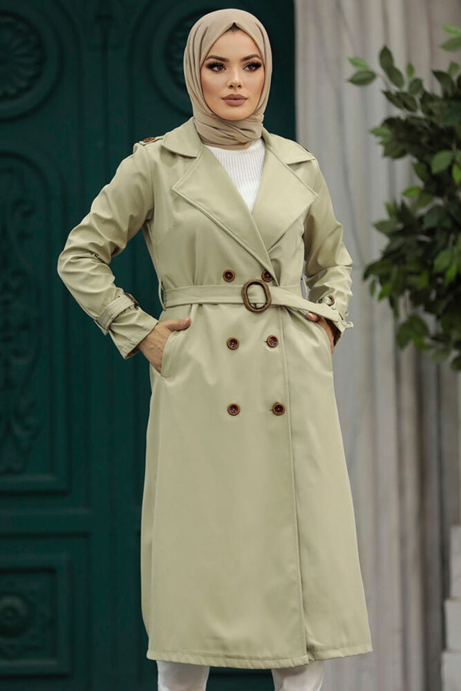 Neva Style - Light Khaki Hijab Turkish Trench Coat 5942AHK - 5