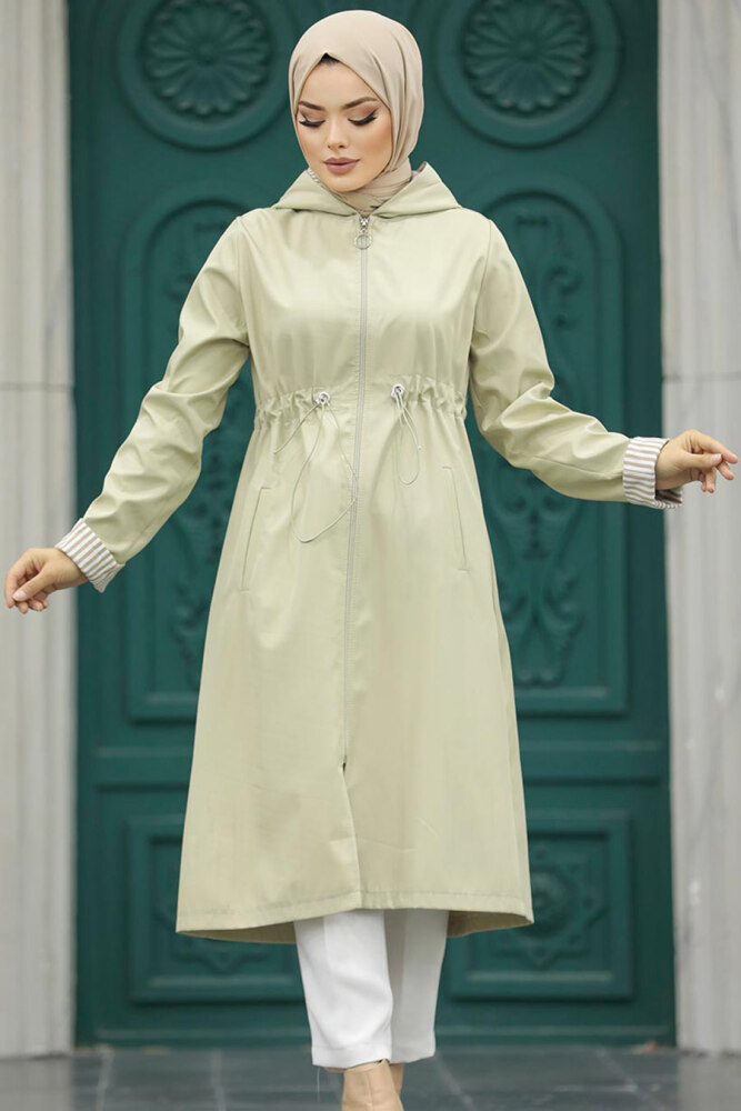 Neva Style - Light Khaki Hijab Turkish Trench Coat 613AHK - 3