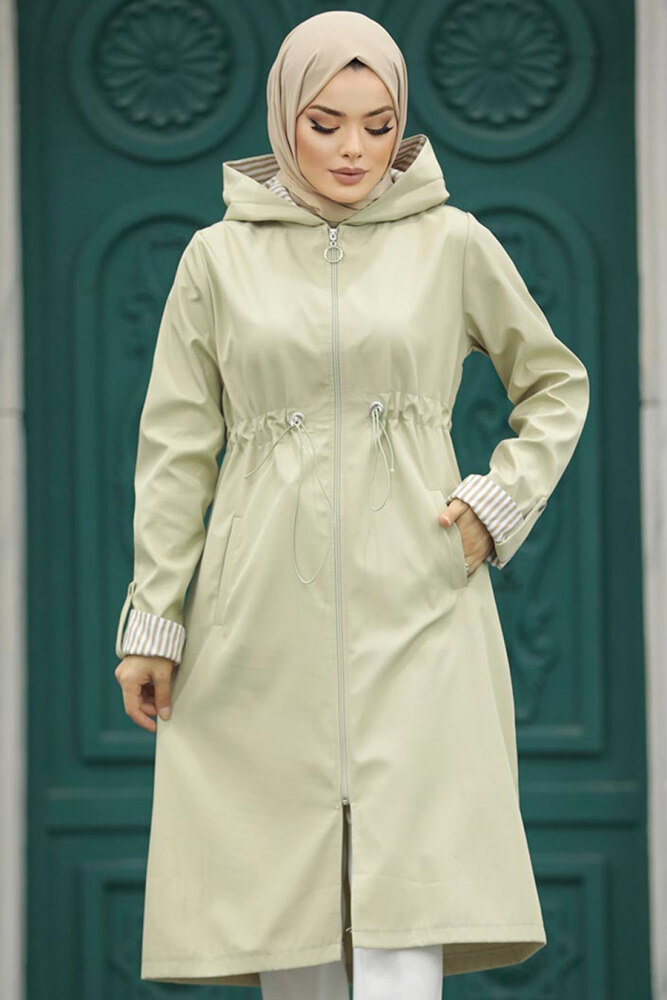 Neva Style - Light Khaki Hijab Turkish Trench Coat 613AHK - 1