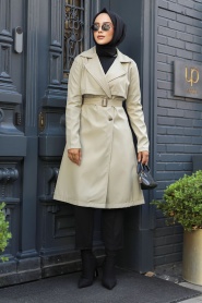 Neva Style - Light Khaki Islamic Clothing Trench Coat 59371AHK - Thumbnail