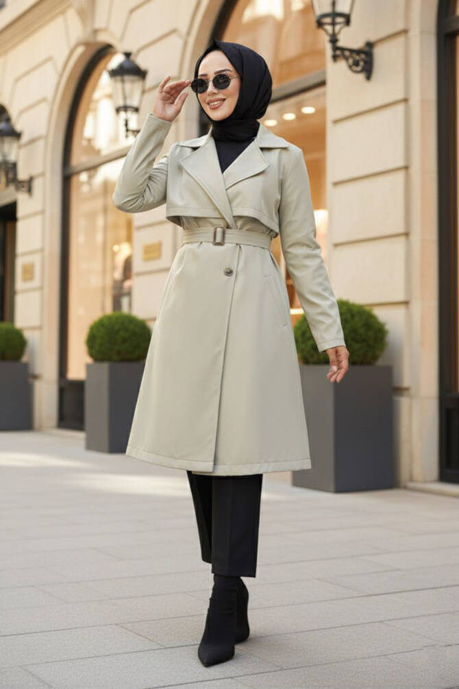 Light Khaki Islamic Clothing Trench Coat 59371AHK - NEVA STYLE