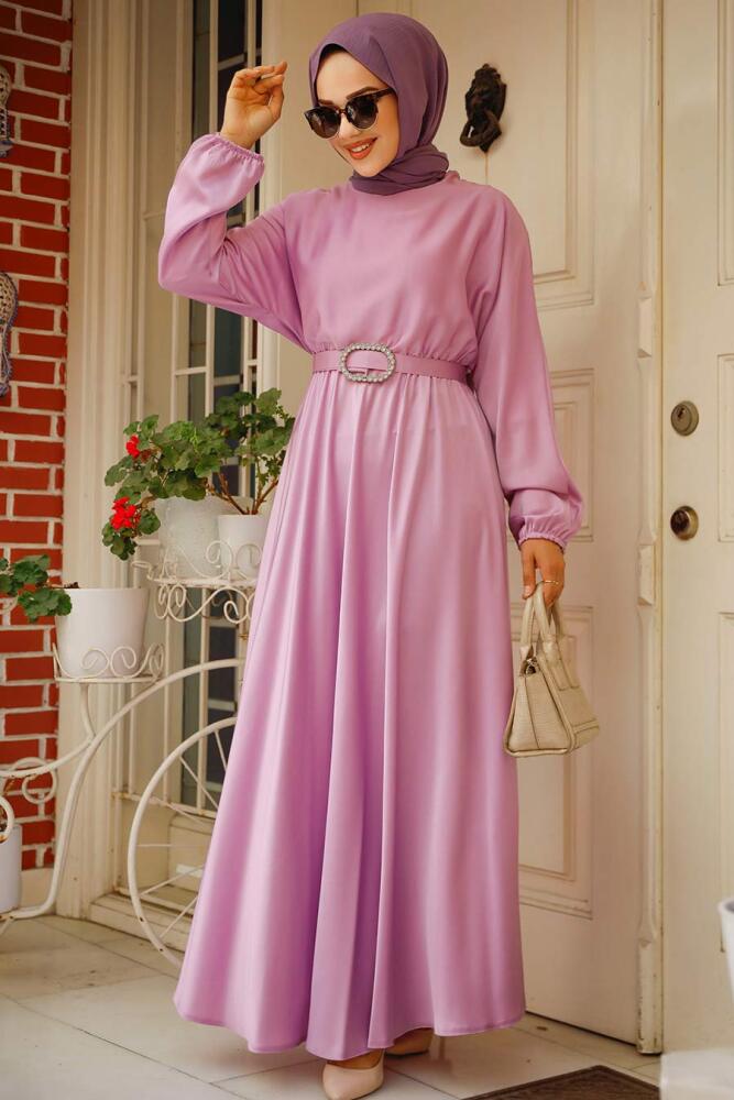 Neva Style - Lila Saten Tesettür Elbise 5727LILA - 2